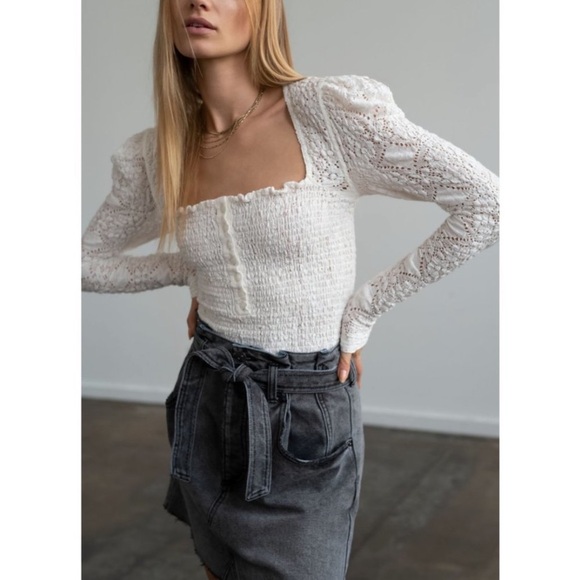 Free People NWOT Smocked Lace Confection Top / Evening Cream - Picture 2 of 14